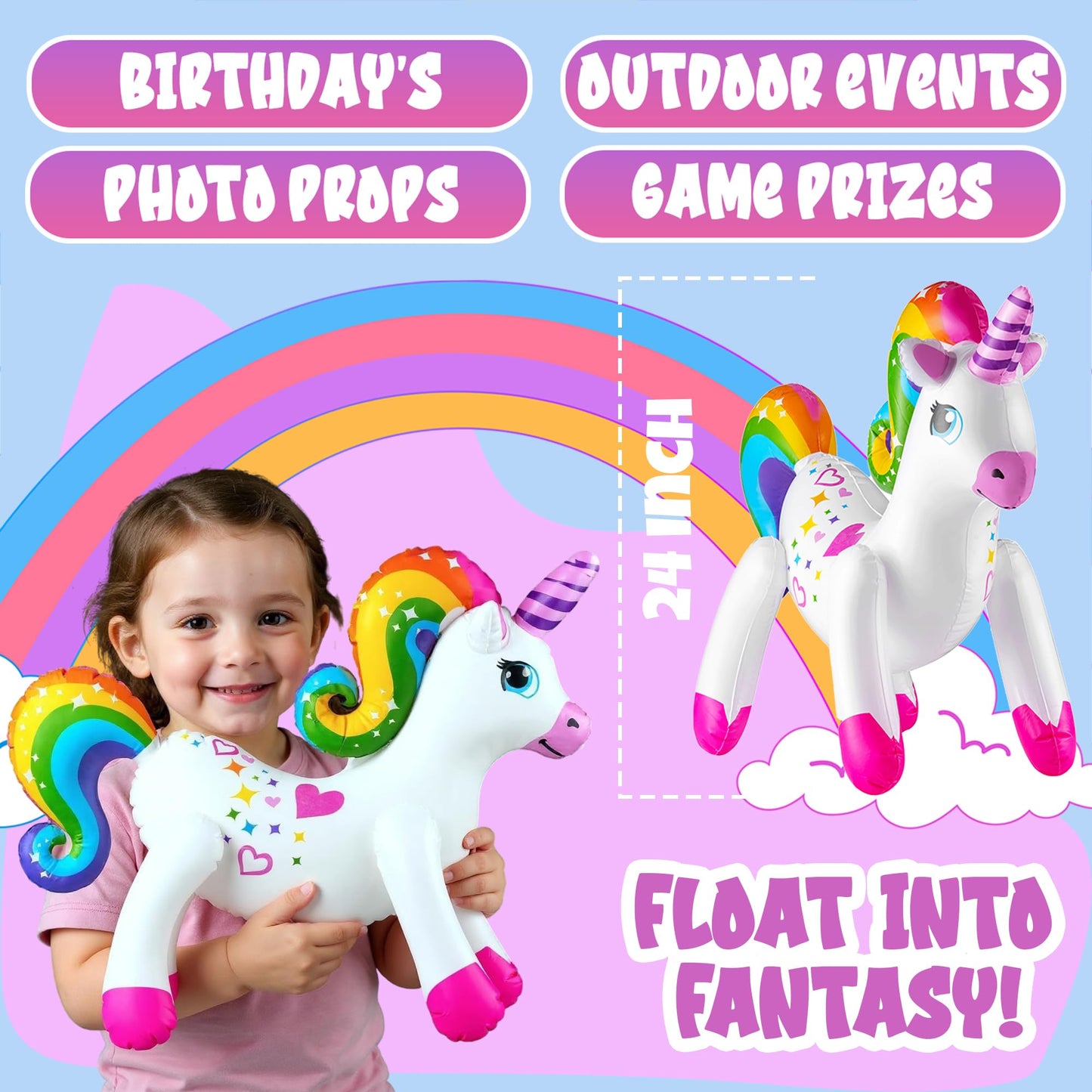 Inflatable Unicorn Party Decorations - (Pack of 4) 24 Inch - Large Blow Up Rainbow Unicorns for Unicorn Birthday Decorations, Party Decor, Balloons, Pool Fun, and Party Favors Supplies