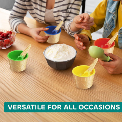JoyServe Ice Cream Bowls and Spoons Set - (Pack of 12) Reusable Plastic Ice Cream Cups and Waffle Cone Shaped Spoons for Dessert, Frozen Yogurt, Gelato, Birthday Party Decorations