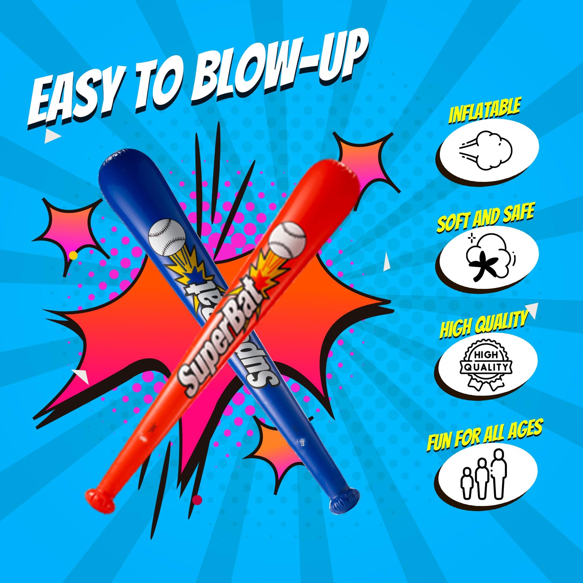 Inflatable Baseball Bats in Bulk - (Pack of 12) - Giant 42 Inch Baseball Party Favors for Kids, Sports Theme Toy Party Supplies and Birthday Party Decorations by Bedwina