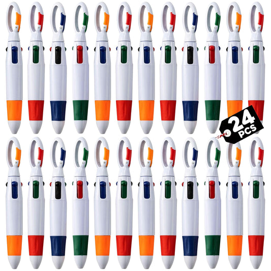 Retractable Shuttle Pens with Carabiner Clip- Pack of 24 Bulk Mini 4-in-1 Multi-Colored Ink Ballpoint Pens with Keychain for Adults, Kids, Nurses, School, Office, Stocking Stuffer Gifts, Party Favors