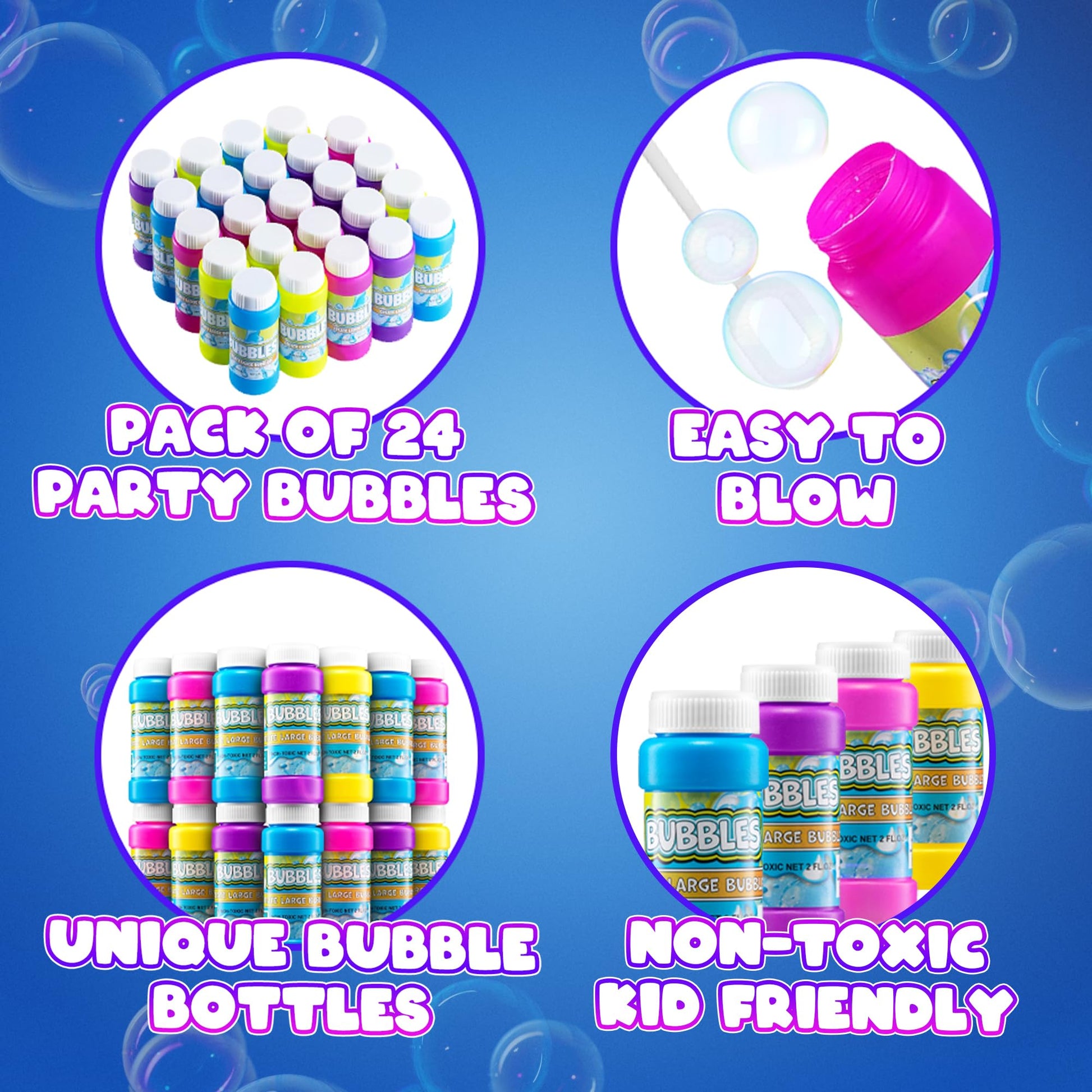 Party Bubbles for Kids - (Bulk Pack of 24) 2-oz Bubbles Bulk Solution with Bubble Wands Assorted Neon Colors for Outdoor Toys Summer Games, Birthday Party Favors, & Goodie Bags Stuffers