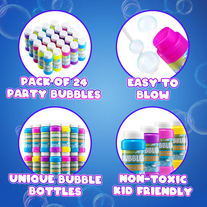 Party Bubbles for Kids - (Bulk Pack of 24) 2-oz Bubbles Bulk Solution with Bubble Wands Assorted Neon Colors for Outdoor Toys Summer Games, Birthday Party Favors, & Goodie Bags Stuffers