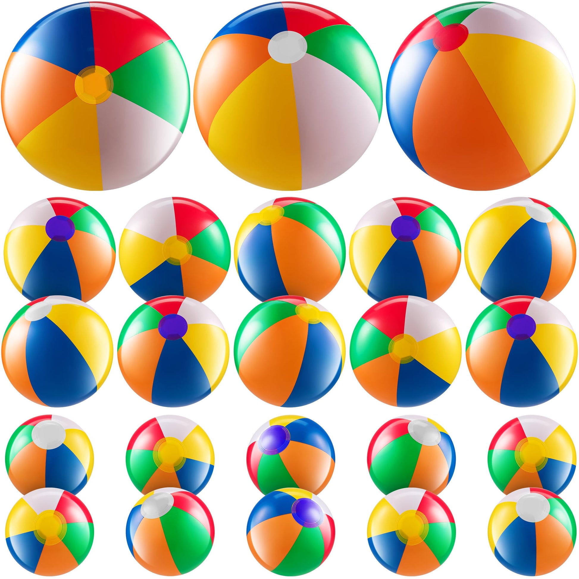 Bedwina 23 Pcs Rainbow Beach Balls Bulk Variety Pack - (10) 5-inch, (10) 12-inch, (3) 20-inch Sizes Large Beach Ball - Inflatable Vinyl Pool Toys for Kids, Themed Party & Pool Party Decorations