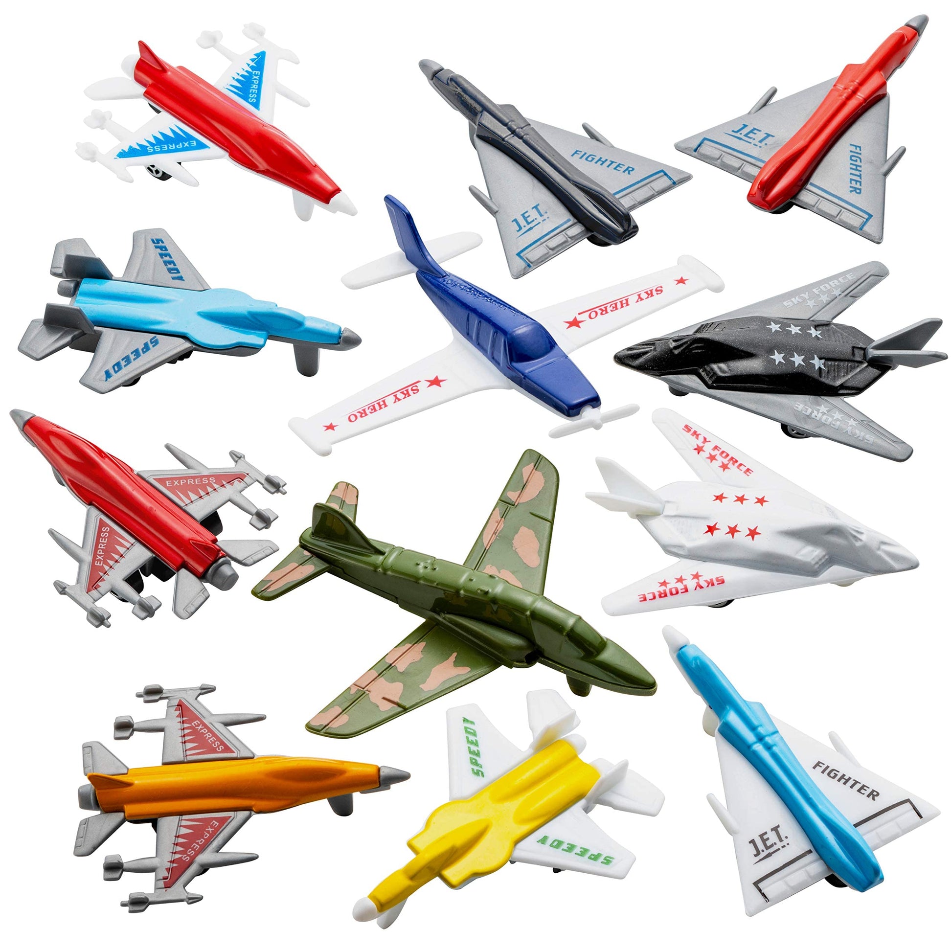 Bedwina Airplane Toys - 12 Pack Vehicle Aircraft Plane Playset, Includes Styles of Bomber, Military, F-16 Fighter Jets, for Birthday Party Favor Toys, for Kids Boys and Girls (Styles May Very)