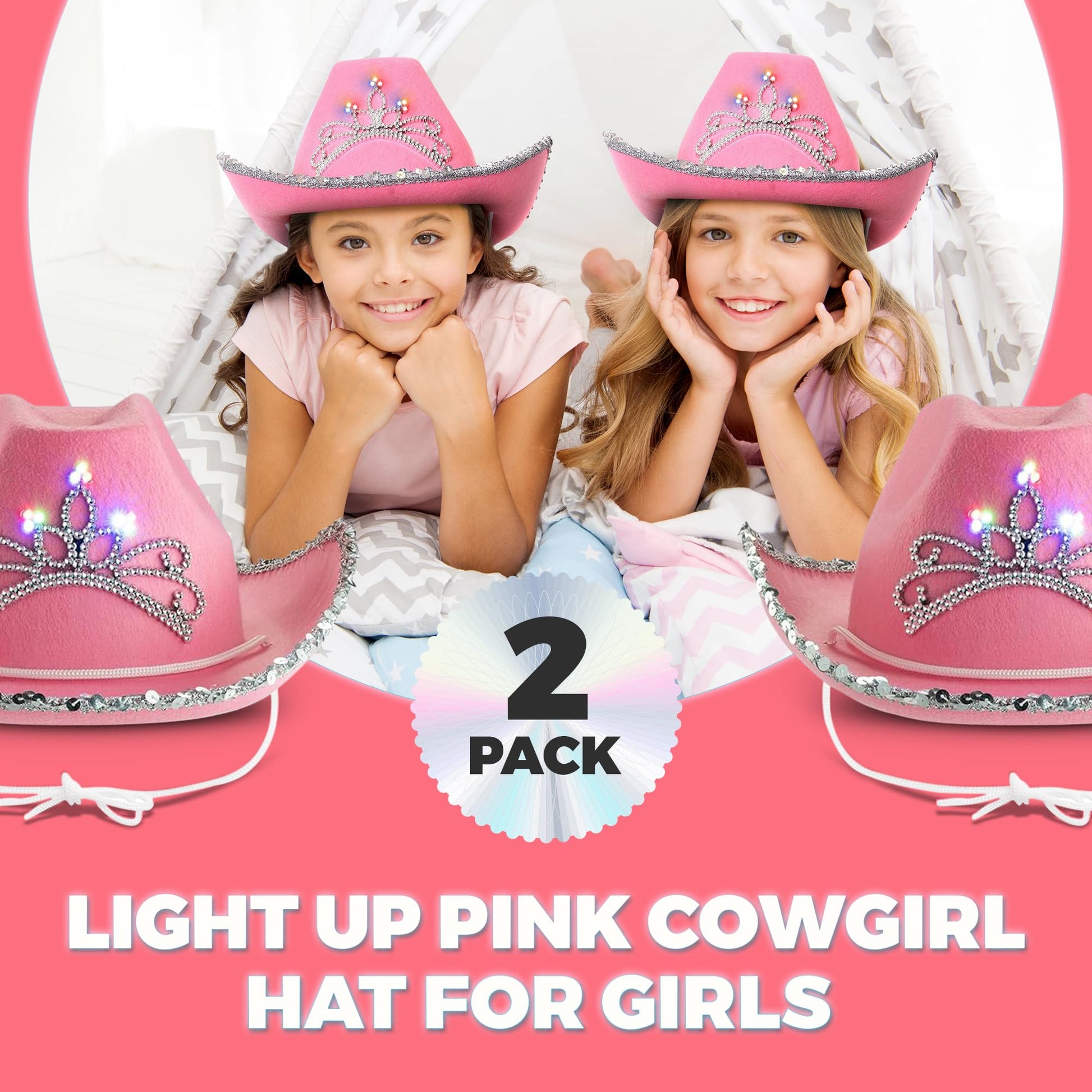 Bedwina Light Up Pink Cowgirl Hat for Girls - (Pack of 2) Kids Cowboy Hat with Blinking Tiara Sequin Trim Fringe and Drawstring, Felt Girls Pink Cowboy Hat Costume Party Accessory, Dress-Up, 6x7-Inch