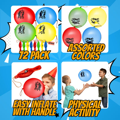Superhero Punch Balloons - Pack of 72 Bulk, Large Punching Balloons for Kids, Inflatable Punch Balls for Carnival Prizes, Goodie Bag Stuffers for Kids, Superhero Theme Birthday Party Favors Toys