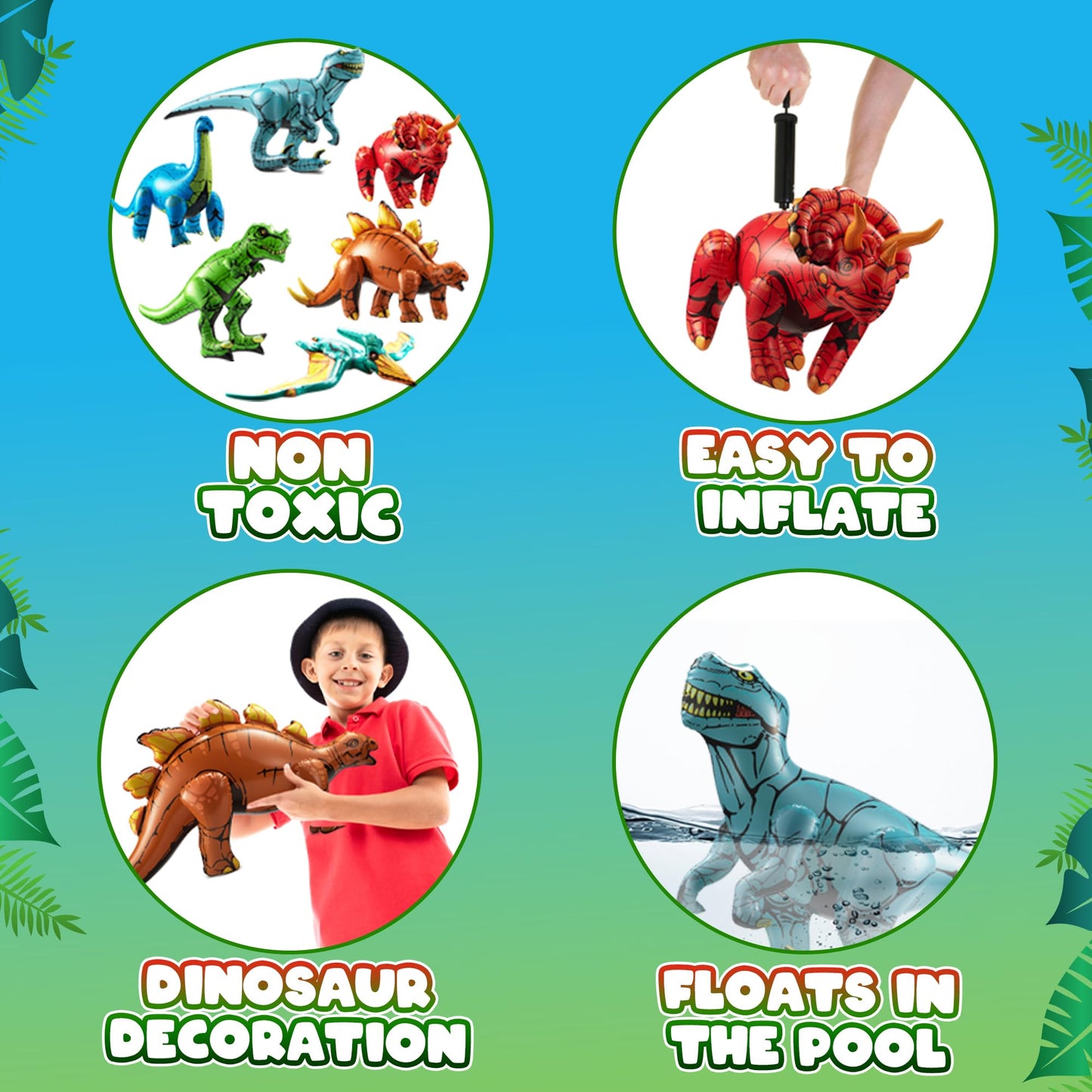Bedwina Inflatable Dinosaur Toys for Kids (Pack of 6) Large Blow-Up Vinyl Dinosaur Balloons Self-Standing Birthday Decorations for Themed Jurassic Party Supplies Decor & Pool Floats for Boys & Girls