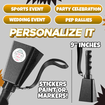 9" Metal Cowbells with Handle - (2 Pack) Cow Bells Loud Cheering Noise Makers for Sporting Events, Football Games, School Spirit, Rallies & Celebrations - Black Steel Percussion Music Instrument