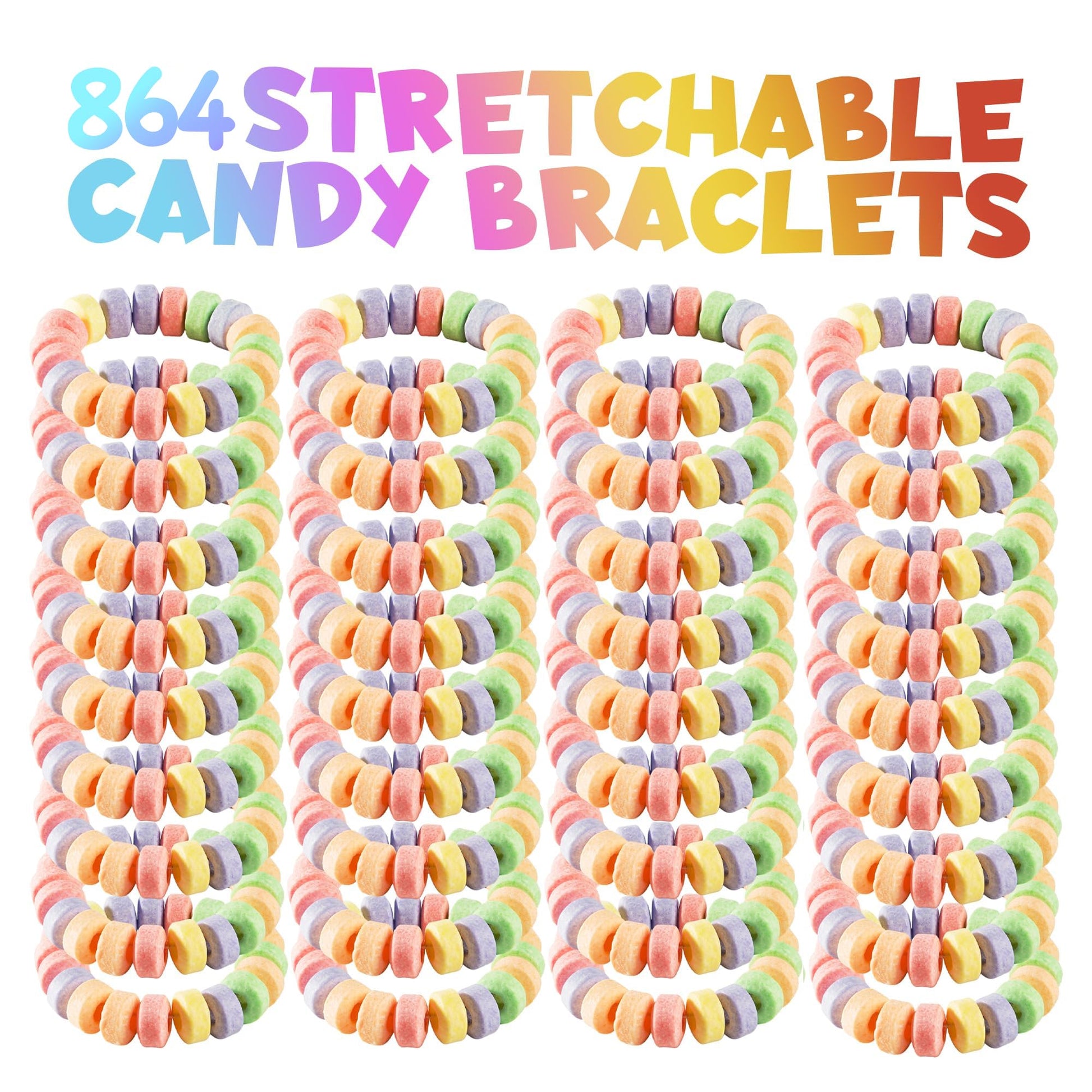 Candy Bracelets - Bulk Case 864 Pcs, Individually Wrapped - 2.5 Inch Candy Jewelry Bracelets, Stretchable, Edible, Colorful Fruit Flavor Rainbow Candies for Novelty Party Favor Supplies & Goodie Bags