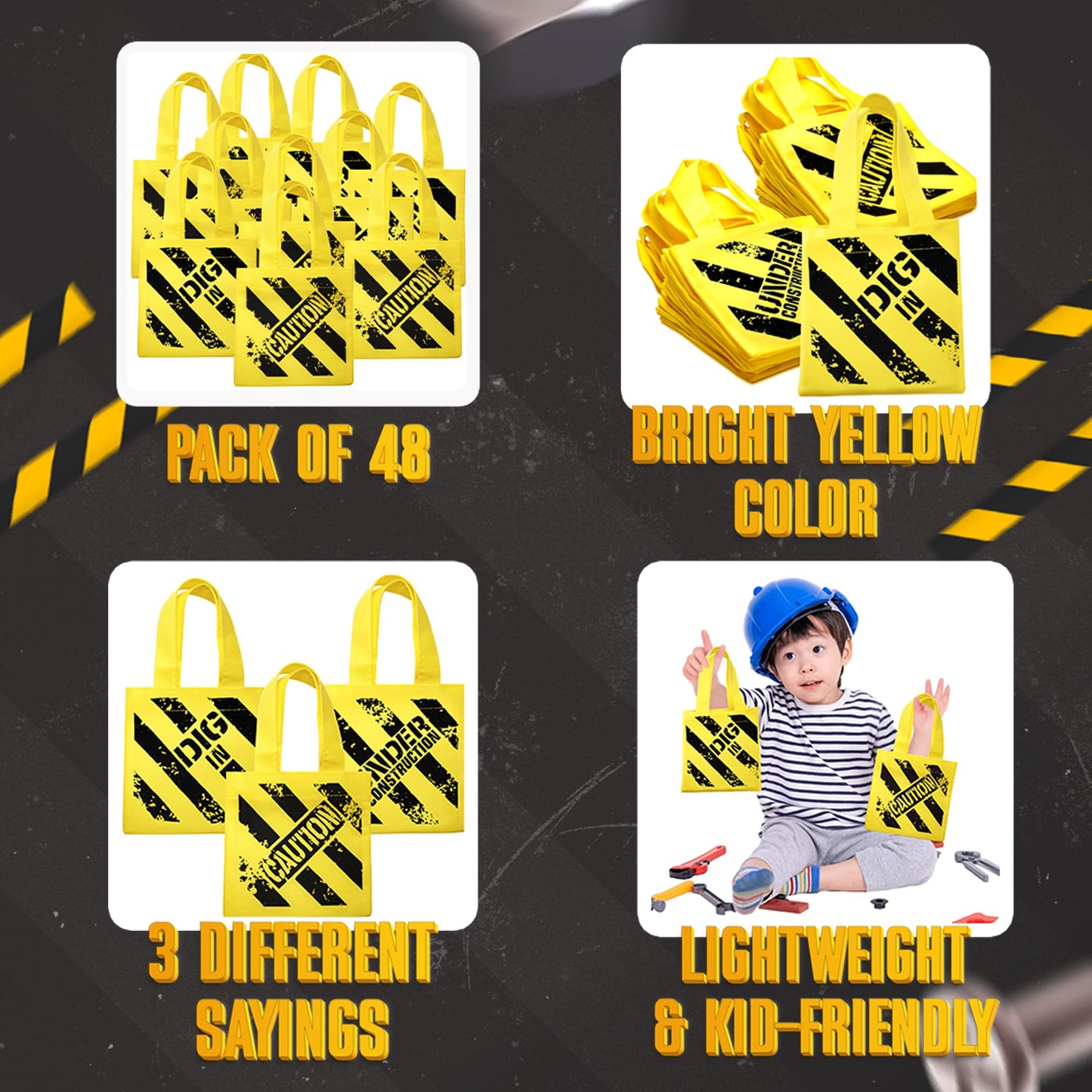 Construction Birthday Party Supplies 48 Under Construction Party Decorations Themed Mini Non-Woven Canvas Tote Gift Bags with Handles for Kids and Goodie Bags for Boys