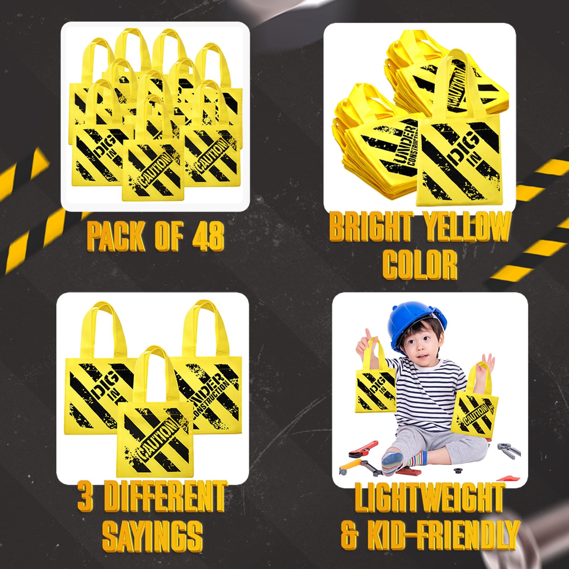 Construction Birthday Party Supplies 48 Under Construction Party Decorations Themed Mini Non-Woven Canvas Tote Gift Bags with Handles for Kids and Goodie Bags for Boys