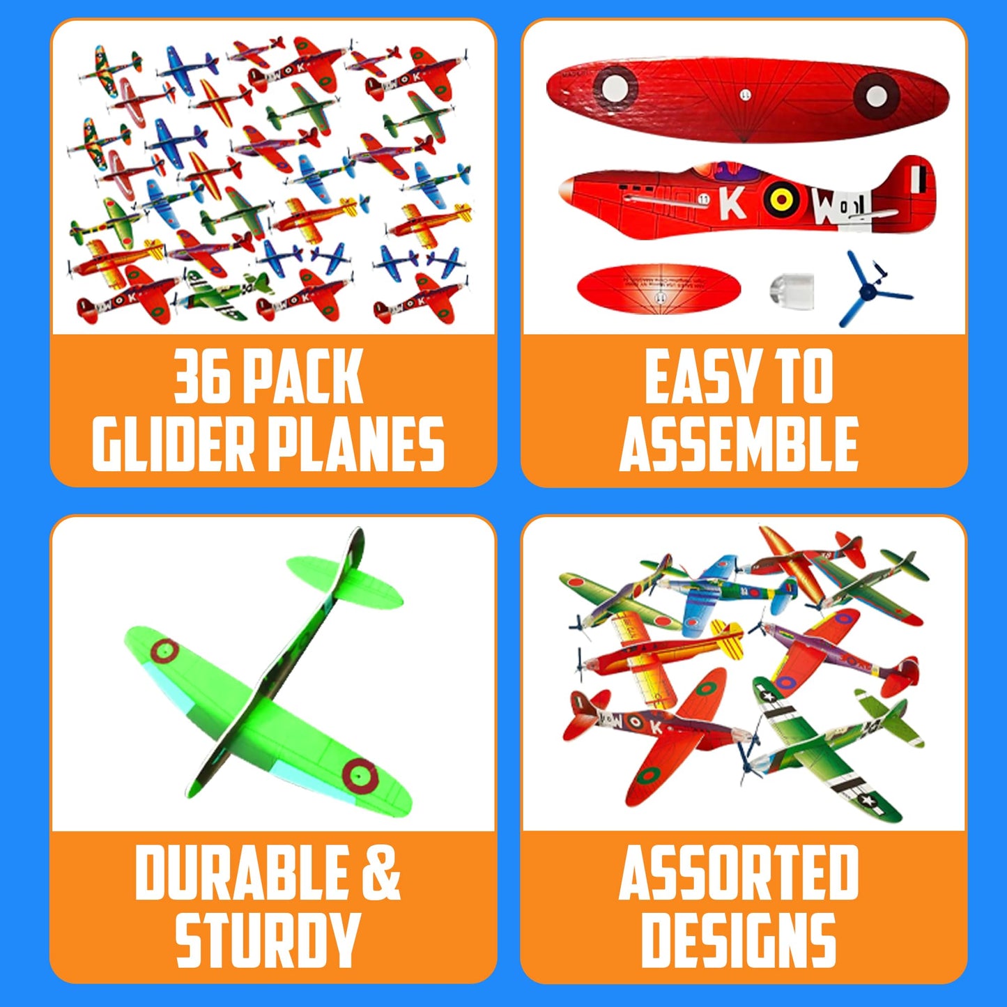 Bedwina Glider Planes Bulk (72-Pack) 8-Inch Bomber Airplane Gliders for Kids, Foam Paper Airplane Construction Kits for Kids Party Favors, Birthdays, Goodie Bag Stuffers and Outdoor Flying Toy