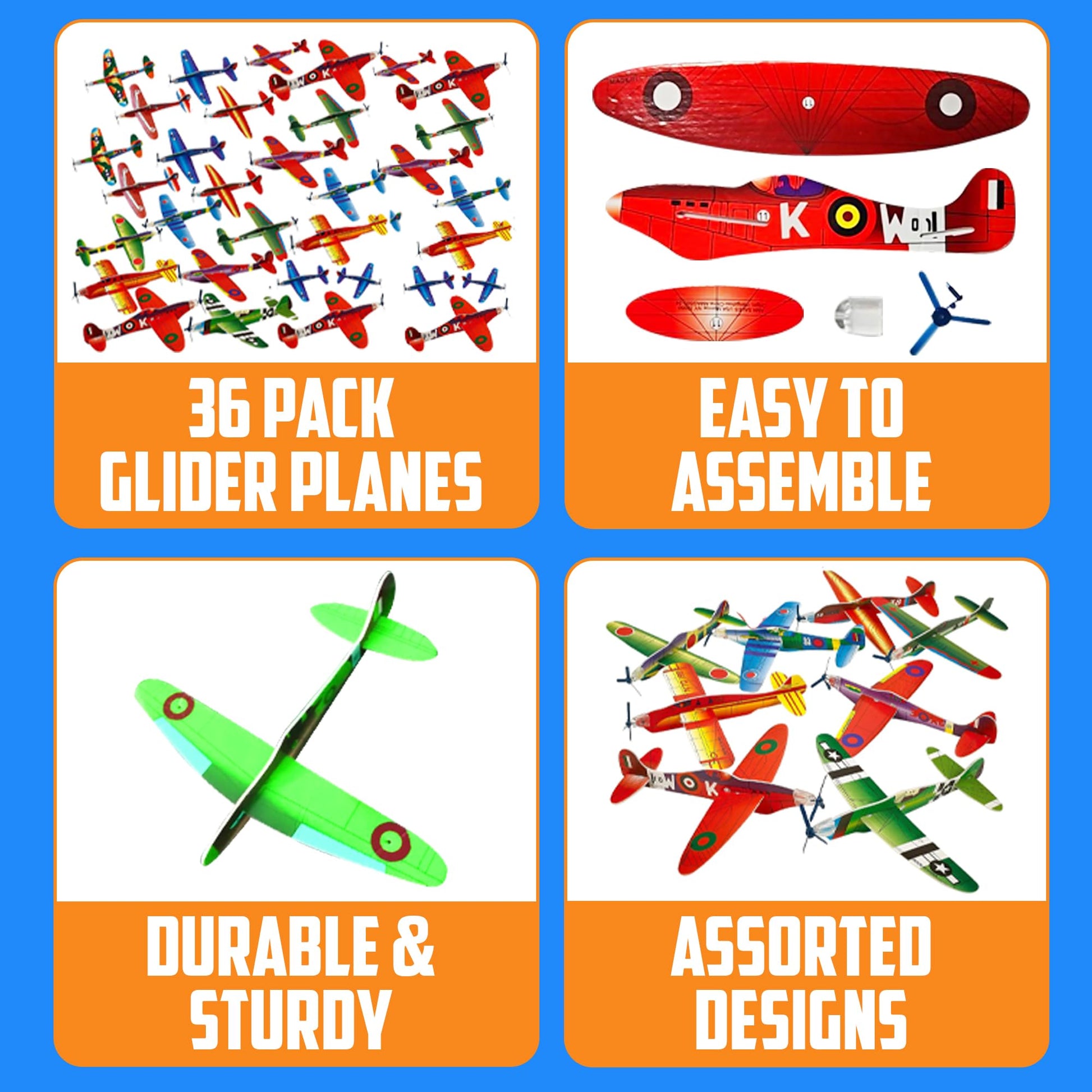 Bedwina Glider Planes Bulk (72-Pack) 8-Inch Bomber Airplane Gliders for Kids, Foam Paper Airplane Construction Kits for Kids Party Favors, Birthdays, Goodie Bag Stuffers and Outdoor Flying Toy