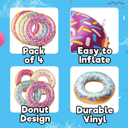 Inflatable Donuts - (Pack of 4) 24 Inch Donut Pool Float for Kids Ages 2-6 Pool Tube, Assorted Swim Rings with Sprinkles for Pool Floaties, Party Decorations