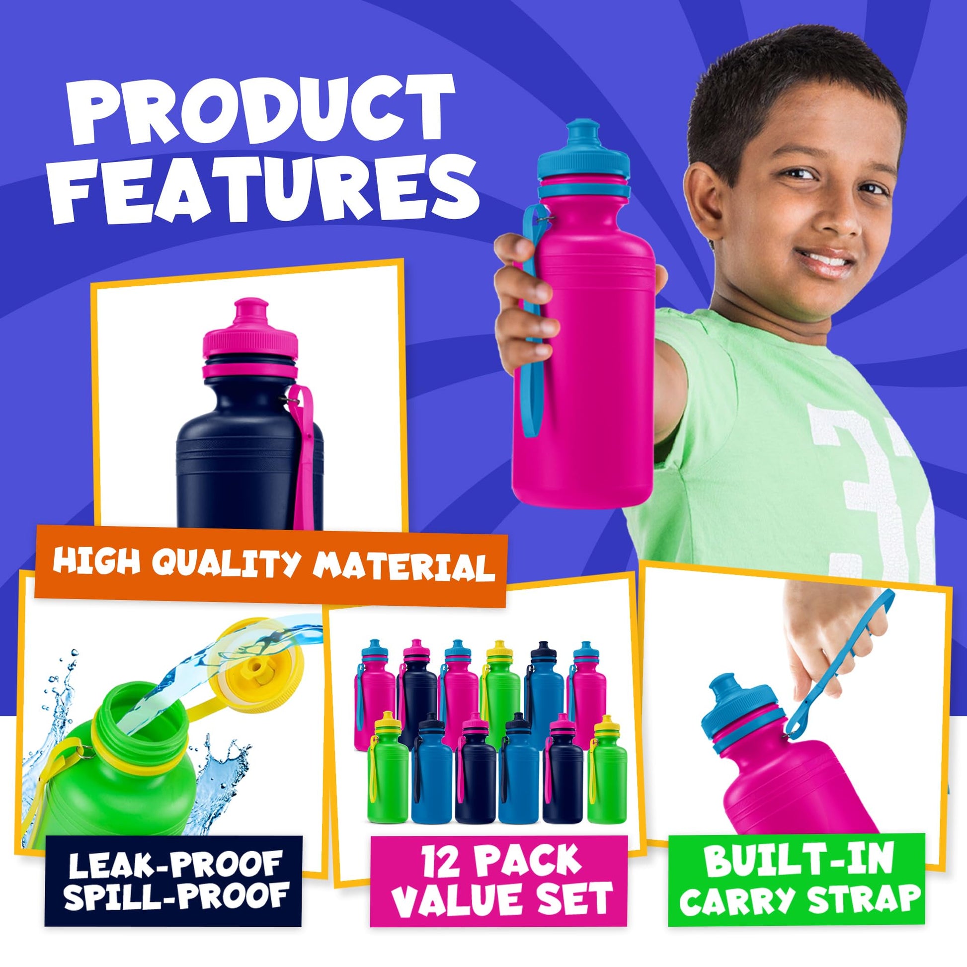 Bedwina Bulk Water Bottles For Kids - (Pack of 12) 18 Oz - 7.5 Inch BPA-Free Plastic with Pop-up Tops & Handles for Sports, Summer, Reusable Water Bottles Bulk For School