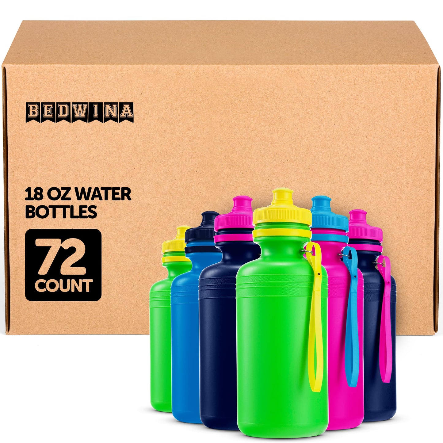 Bedwina Bulk Water Bottles For Kids - (Bulk Pack of 72) 18 Oz - 7.5 Inch BPA-Free Plastic Water Bottles w/Pop-up Tops for Summer, Reusable Water Bottle for School, Sports Birthday Party Favors