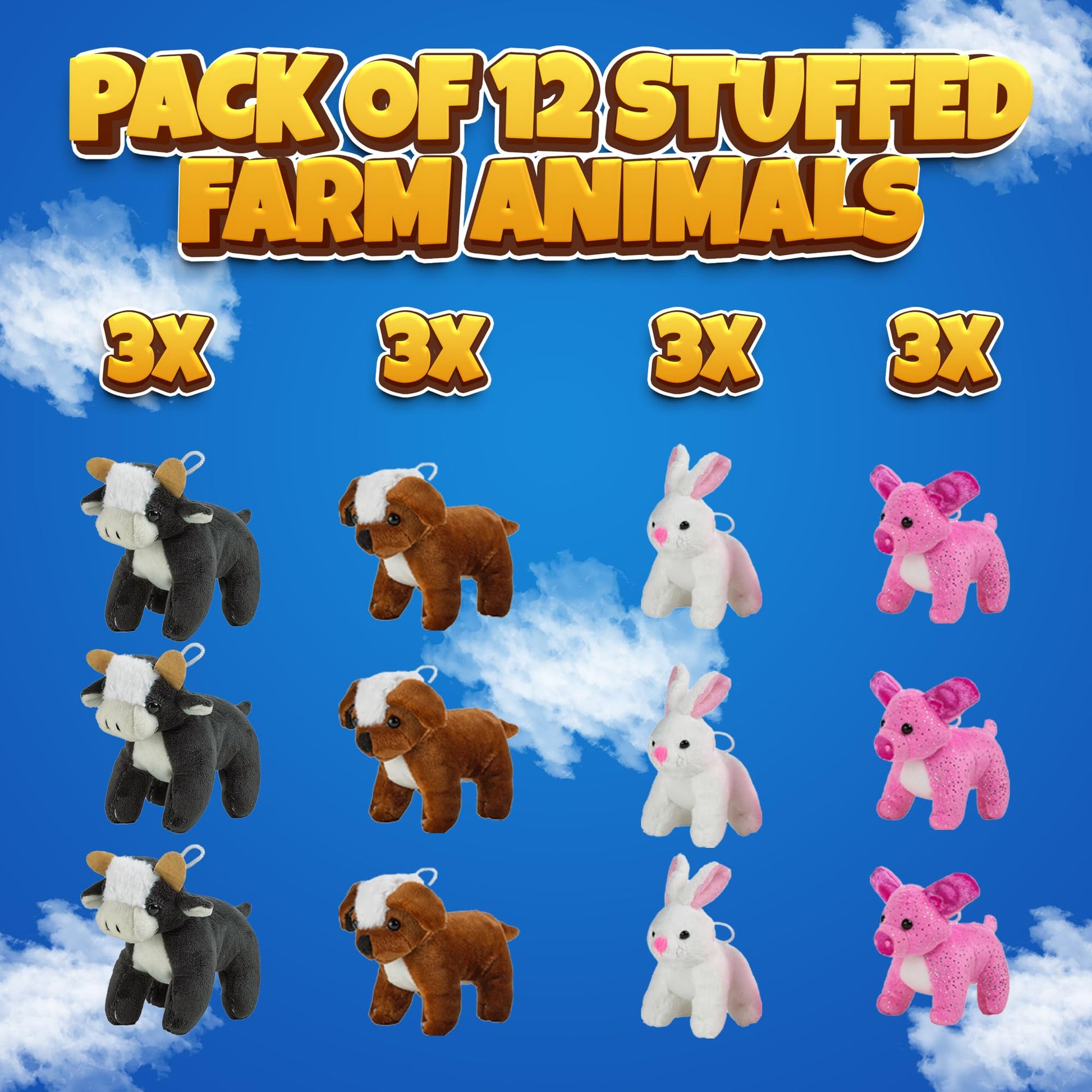 Bedwina Plush Stuffed Animals - Farm Animal Toys - (Pack of 12 Bulk) 5 Inch Soft Cuddly Plushed Cow, Pig, Bunny Rabbit, Dog, Party Favors, Gifts, Prizes for Toddlers and Kids