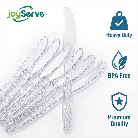 JoyServe Clear Plastic Knives Heavy Duty, Heat Resistant Party Utensils BPA-Free Heavy Duty Plastic Knives Disposable Silverware Cutlery, Catering Dinner Party Supplies - Bulk Knife Pack 180