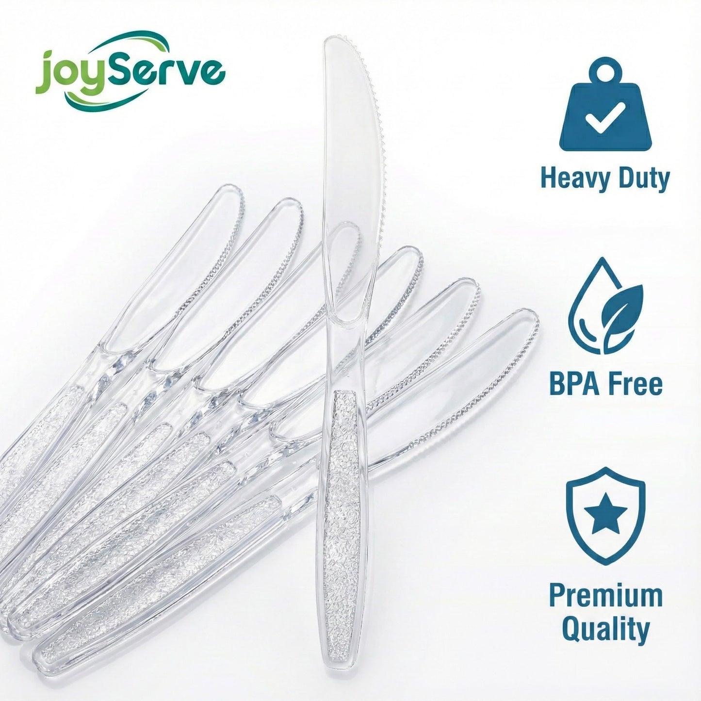 JoyServe Clear Plastic Knives Heavy Duty, Heat Resistant Party Utensils BPA-Free Heavy Duty Plastic Knives Disposable Silverware Cutlery, Catering Dinner Party Supplies - Bulk Knife Pack 1080