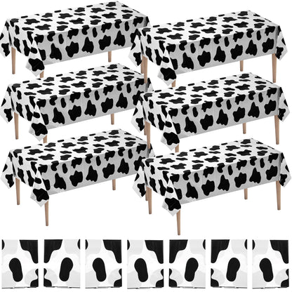 Bedwina Cow Print Tablecloth (Pack of 6) 54 X 72 Inch Tablecloths for Cow Themed Party Decorations, and Birthday Party Decorations, Picnic Table Covers, (Black and White)