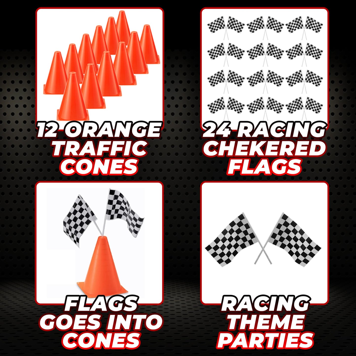 Bedwina Race Car Birthday Party Decorations - (36 Pcs) 12 - 8-Inch Orange Mini Cones for Kids & 24 Black & White Checkered Flags on Sticks - Race Car Themed Birthday Party Decor & Centerpiece Supplies