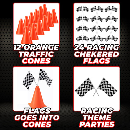 Bedwina Race Car Birthday Party Decorations - (36 Pcs) 12 - 8-Inch Orange Mini Cones for Kids & 24 Black & White Checkered Flags on Sticks - Race Car Themed Birthday Party Decor & Centerpiece Supplies