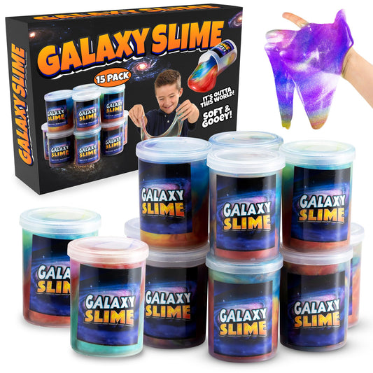 Galaxy Slime Party Favors for Kids - 15 Pack of Rainbow Slime Putty in Assorted Neon Colors, Premade Marble Space Slime Bulk, Non-Sticky, Great Classroom Reward, Party Supplies