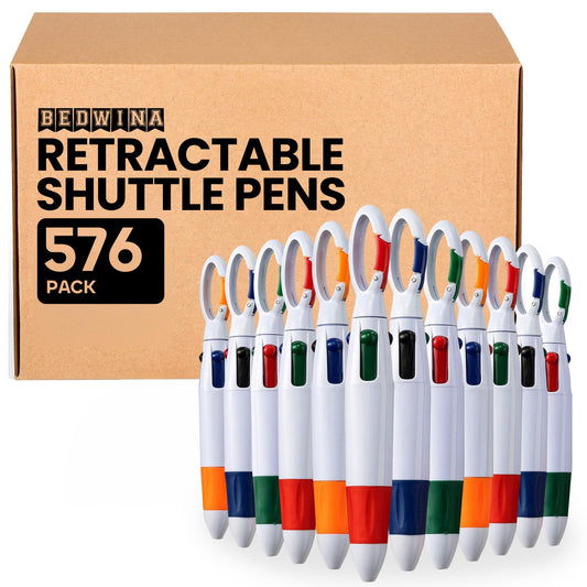 Retractable Shuttle Pens with Carabiner Clip - Pack of 576 Bulk Mini 4-in-1 Multi-Colored Ink Ballpoint Pens with Keychain for Adults, Kids, Nurses, School, Stocking Stuffer Gifts, Party Favors