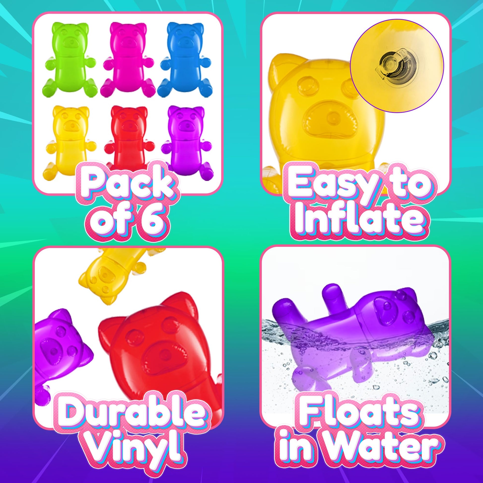 Bedwina 24" Inflatable Gummy Bears (Pack of 6) Huge Blow Up Pool Toys, Fun Photo Booth Props and Big Gummy Bear Decorations for Kids Birthday Parties and Themed Candy Land Party Decor Supplies