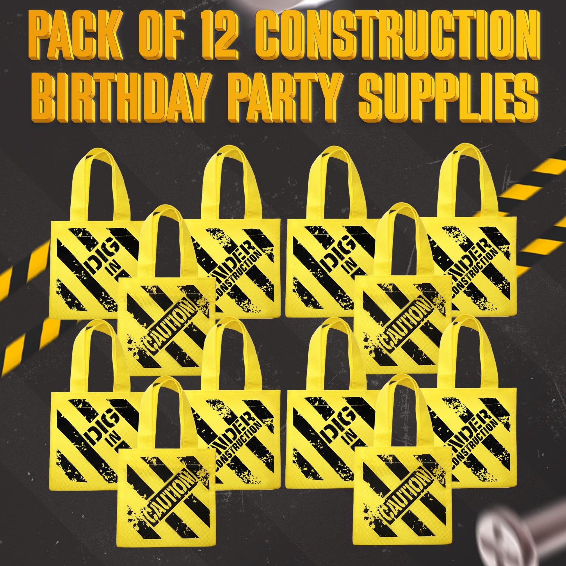 Bedwina Construction Birthday Party Supplies 12 Under Construction Party Decorations Themed Mini Non-Woven Canvas Tote Gift Bags with Handles for Kids and Goodie Bags for Boys