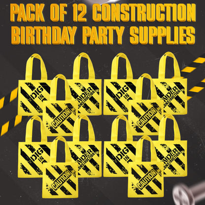 Bedwina Construction Birthday Party Supplies 12 Under Construction Party Decorations Themed Mini Non-Woven Canvas Tote Gift Bags with Handles for Kids and Goodie Bags for Boys