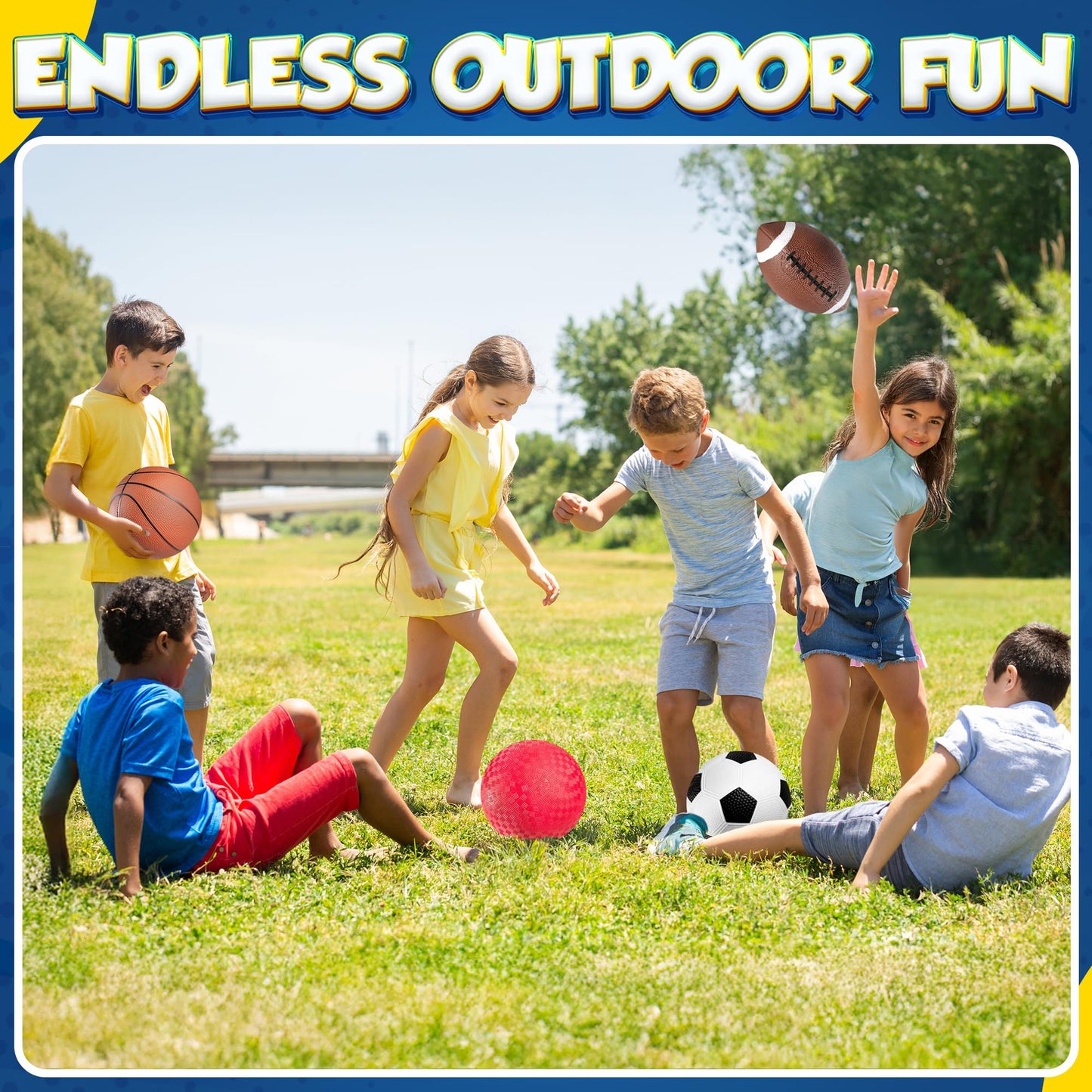 8.5” Sports Balls for Kids & Toddlers - (Pack of 4) Rubber Inflatable Multi-Sport Ball Set - Football, Soccer Ball, Basketball, Playground Ball & Pump - Birthday Gift Toys for Boys & Girls