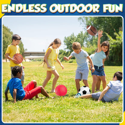 8.5” Sports Balls for Kids & Toddlers - (Pack of 4) Rubber Inflatable Multi-Sport Ball Set - Football, Soccer Ball, Basketball, Playground Ball & Pump - Birthday Gift Toys for Boys & Girls