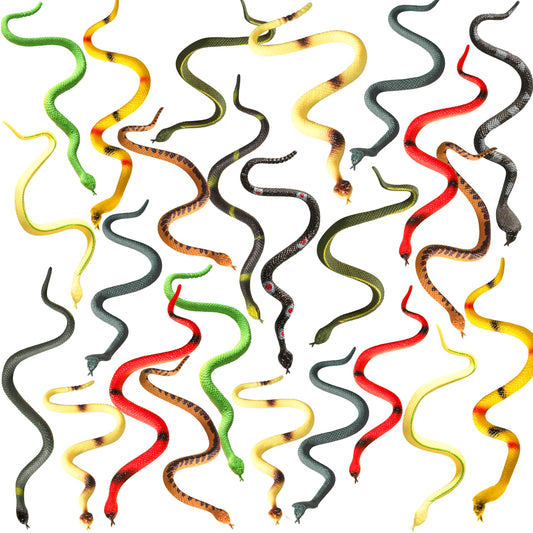 Bedwina Mini 6-Inch Rubber Snakes - (Pack of 24) Rain Forest Toy Snake Set, Assorted Plastic Fake Snake Toys for Kids, Party Decorations, Favors, Halloween Decor, Pranks and Keep Birds Away