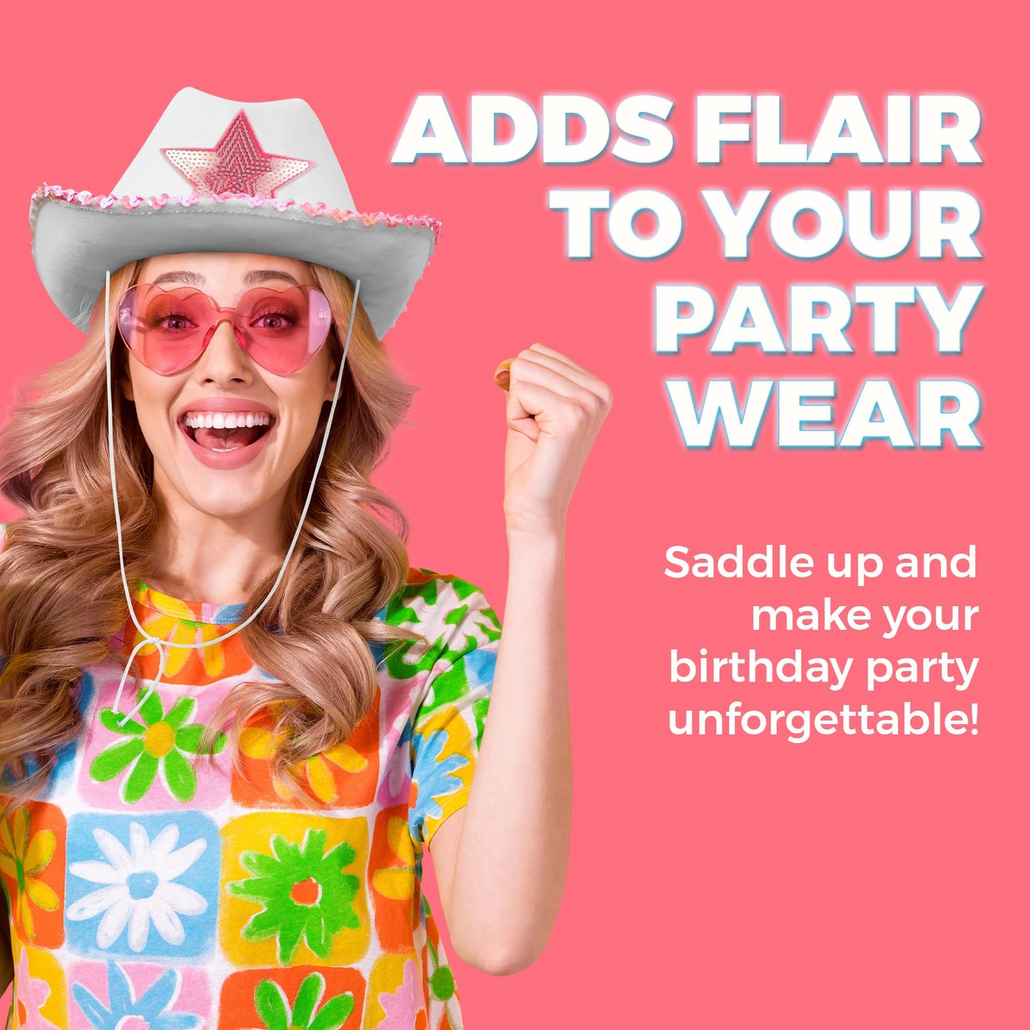 Bedwina White Cowgirl Hat - Felt Cowboy Hat with Pink Sequins Rim and Adjustable Neck-String, Fits Most Women and Adults for Bachelorette, Play Costume Accessories, Themed Party or Dress-Up