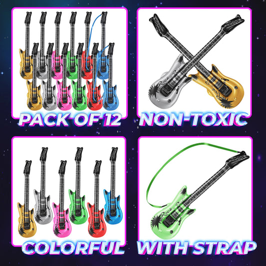 Inflatable Guitars With Strap - (pack Of 12) 36-inch Colorful Blow Up Guitar, Party Favors, DJ-props, Photo-booth, Birthdays, Rock Star, Rock And Roll Party Decorations, 80s 90s Party Supplies