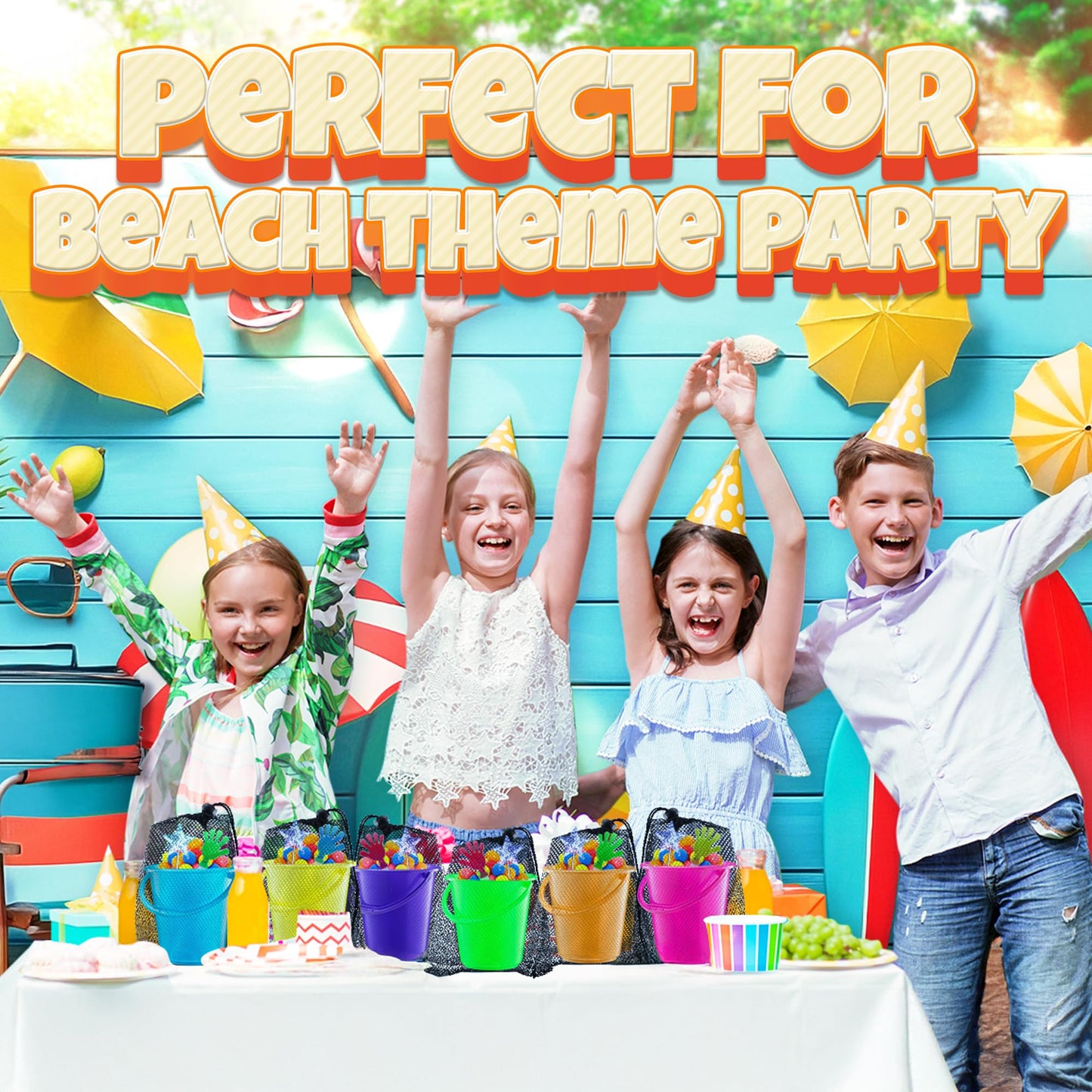 Mini 4.5-Inch Beach Buckets for Kids - (12 Pack) Sand Buckets and Shovels w/Rakes & Mesh Bags - Small Beach Pails - Sturdy Unbreakable Plastic - Beach Party Favors & Giveaways for Toddlers Ages 3-6