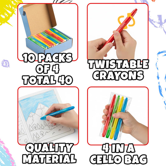 KiddieLoot Twistable Crayons Bulk 40 Pack (10 Sets of 4) - Non-Toxic, No-Sharpen Mess-Free Coloring Crayons for Kids, Party Favors, Restaurants, Classrooms, Birthday Goodie Bags & Travel Coloring Fun