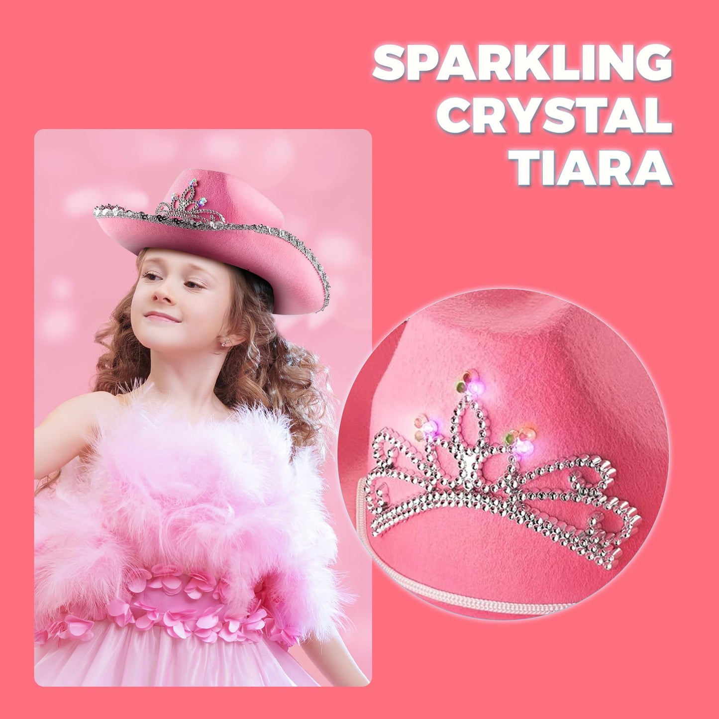 Bedwina Light Up Pink Cowgirl Hat for Girls - (Pack of 2) Kids Cowboy Hat with Blinking Tiara Sequin Trim Fringe and Drawstring, Felt Girls Pink Cowboy Hat Costume Party Accessory, Dress-Up, 6x7-Inch