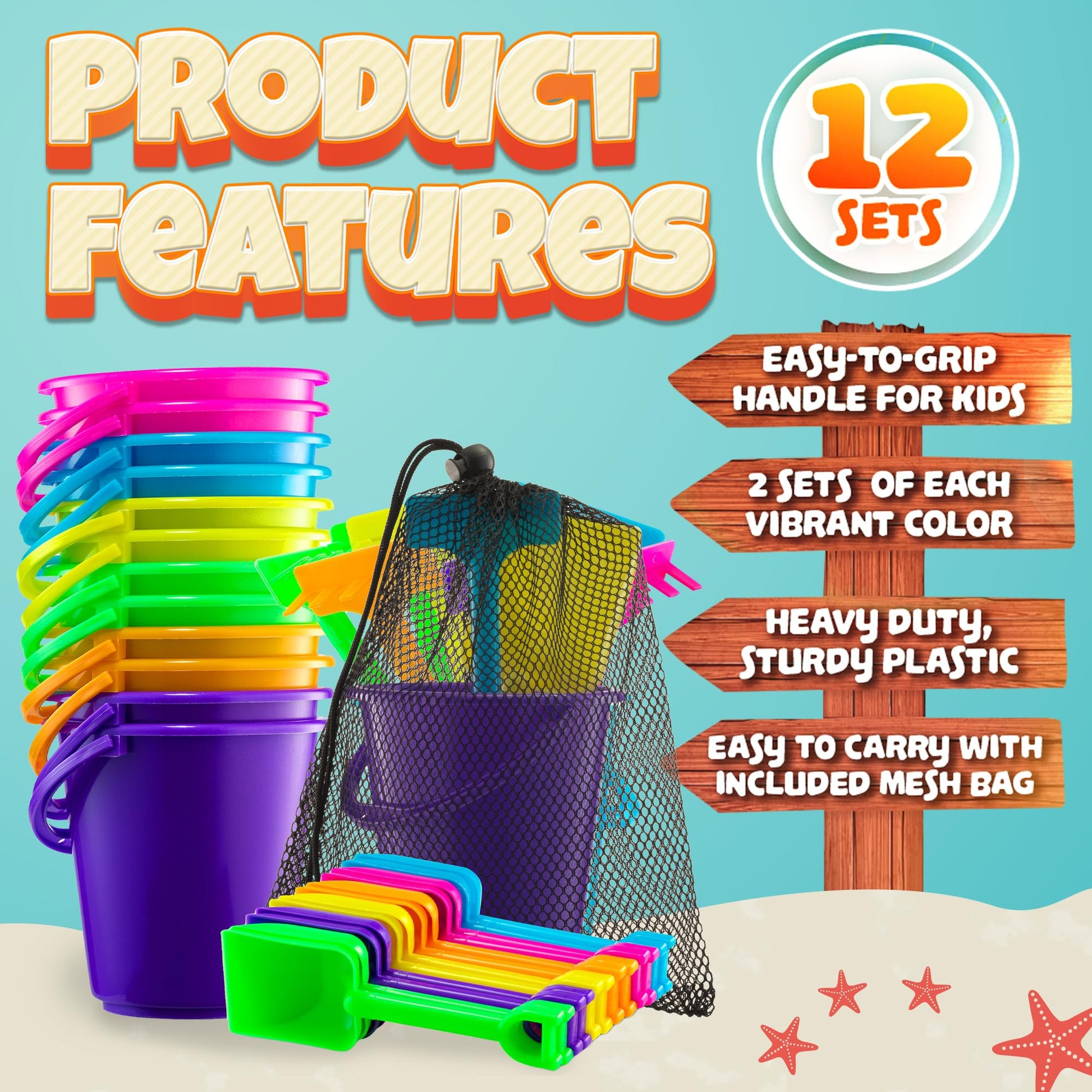 Mini 4.5-Inch Beach Buckets for Kids - (12 Pack) Sand Buckets and Shovels w/Rakes & Mesh Bags - Small Beach Pails - Sturdy Unbreakable Plastic - Beach Party Favors & Giveaways for Toddlers Ages 3-6