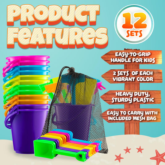 Mini 4.5-Inch Beach Buckets for Kids - (12 Pack) Sand Buckets and Shovels w/Rakes & Mesh Bags - Small Beach Pails - Sturdy Unbreakable Plastic - Beach Party Favors & Giveaways for Toddlers Ages 3-6