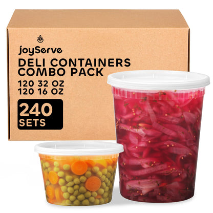 JoyServe 240-Sets Deli Containers with Lids - (120)-32oz & (120)-16oz Bulk Pack of Food Storage Take Out Containers for Restaurants, Catering, Meal Prep - Microwaveable, Reusable & BPA-Free