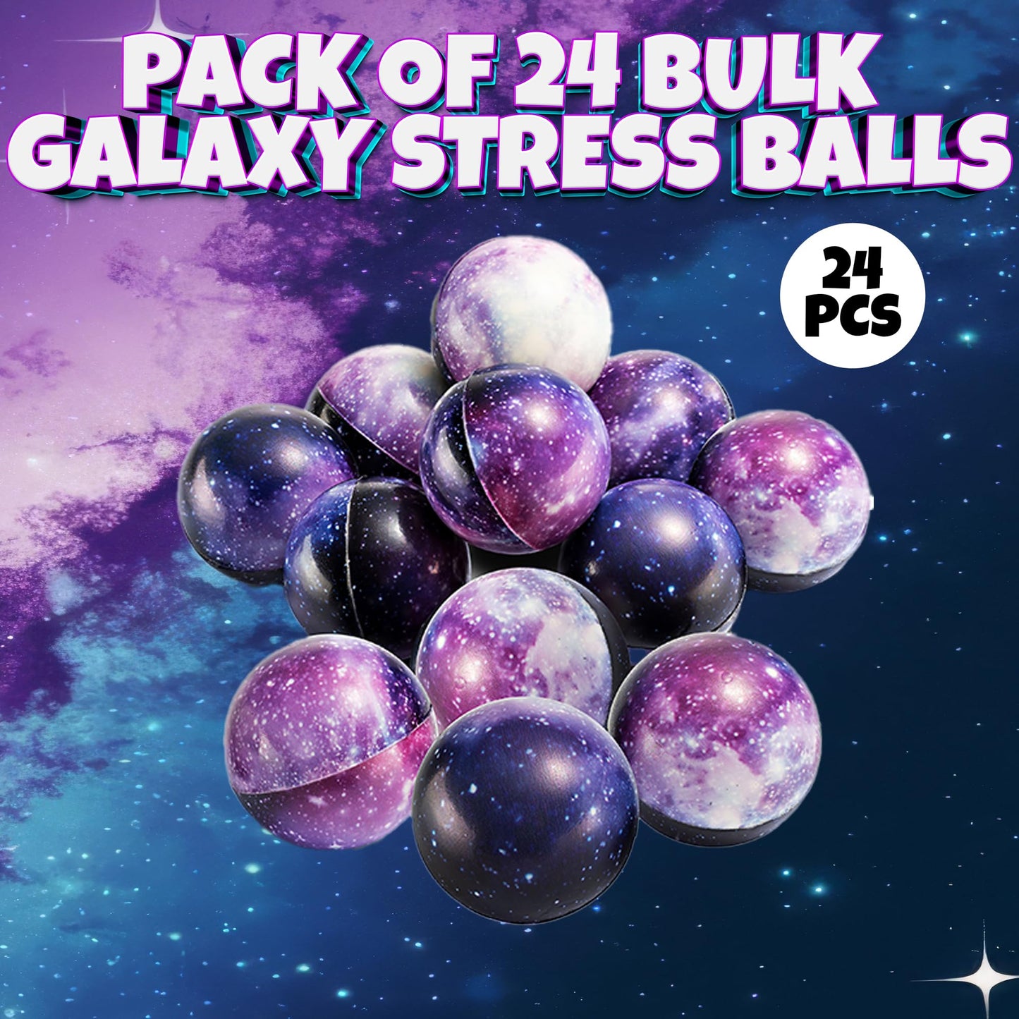 Galaxy Stress Balls for Kids - Pack of 24 Bulk - Squeeze Anxiety Fidget Sensory Balls for Children with Outer Space Theme, Toys for Party Favors and Birthday Party Supplies