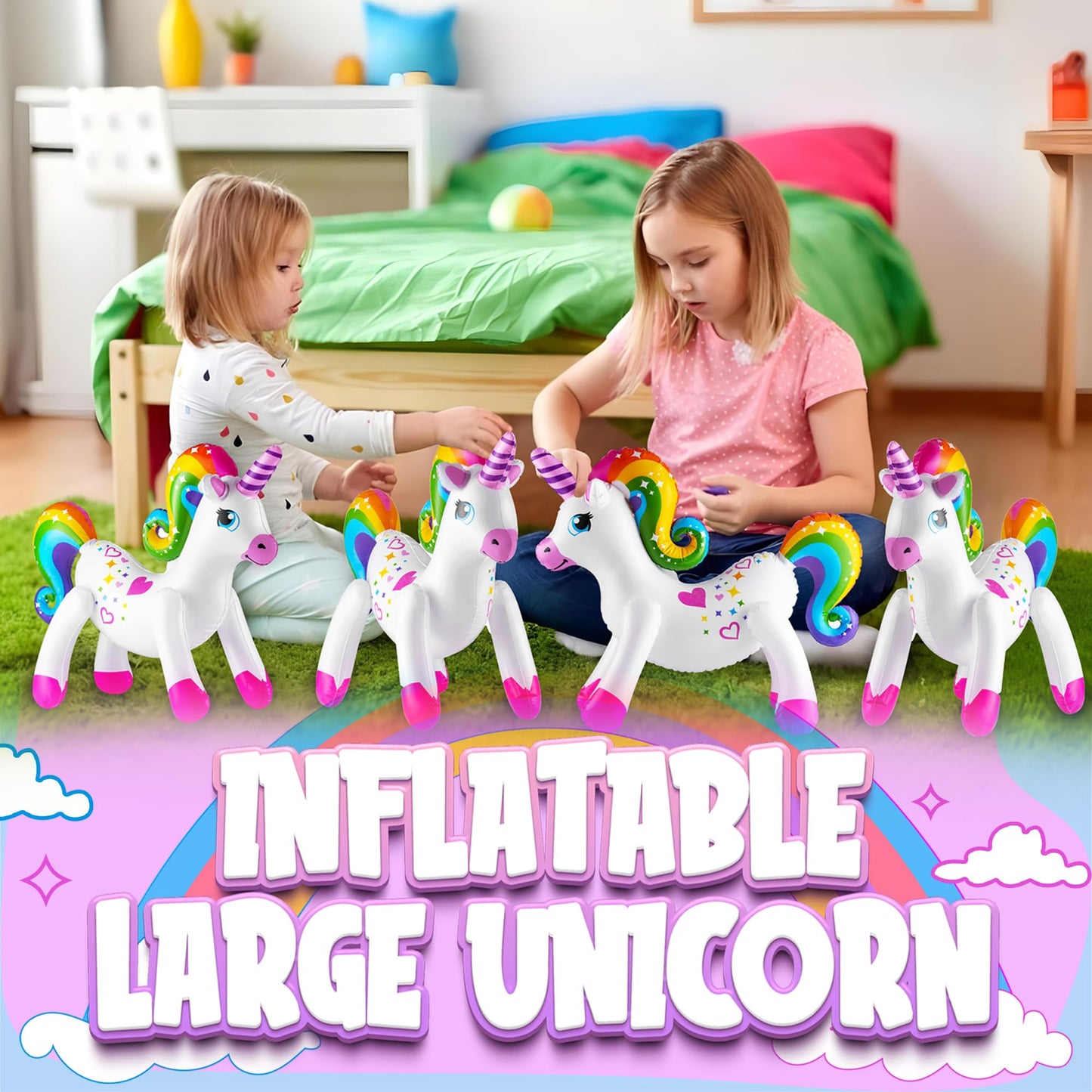 Inflatable Unicorn Party Decorations - (Pack of 4) 24 Inch - Large Blow Up Rainbow Unicorns for Unicorn Birthday Decorations, Party Decor, Balloons, Pool Fun, and Party Favors Supplies