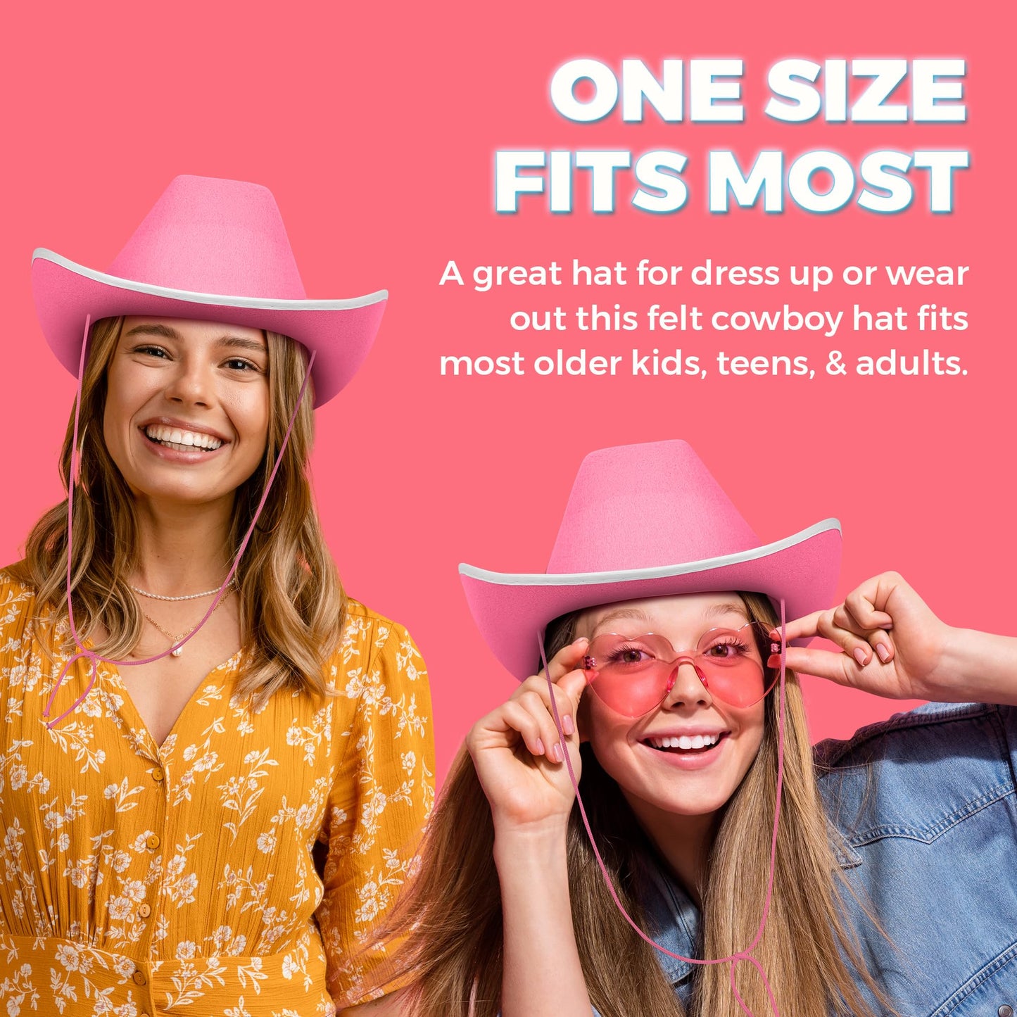 Bedwina Pink Cowgirl Hat - Felt Cowboy Hat with White Trim and Adjustable Neck-String, Fits Most Women and Teen Girls for Bachelorette, Play Costume Accessories, Themed Party or Dress-Up