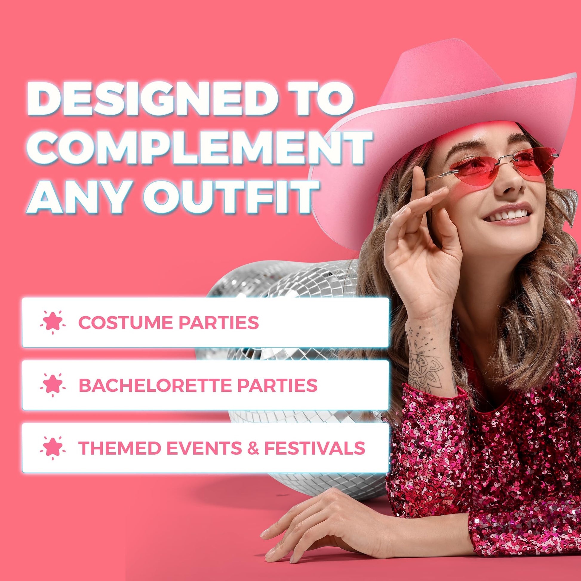 Bedwina Pink Cowgirl Hat - Felt Cowboy Hat with White Trim and Adjustable Neck-String, Fits Most Women and Teen Girls for Bachelorette, Play Costume Accessories, Themed Party or Dress-Up