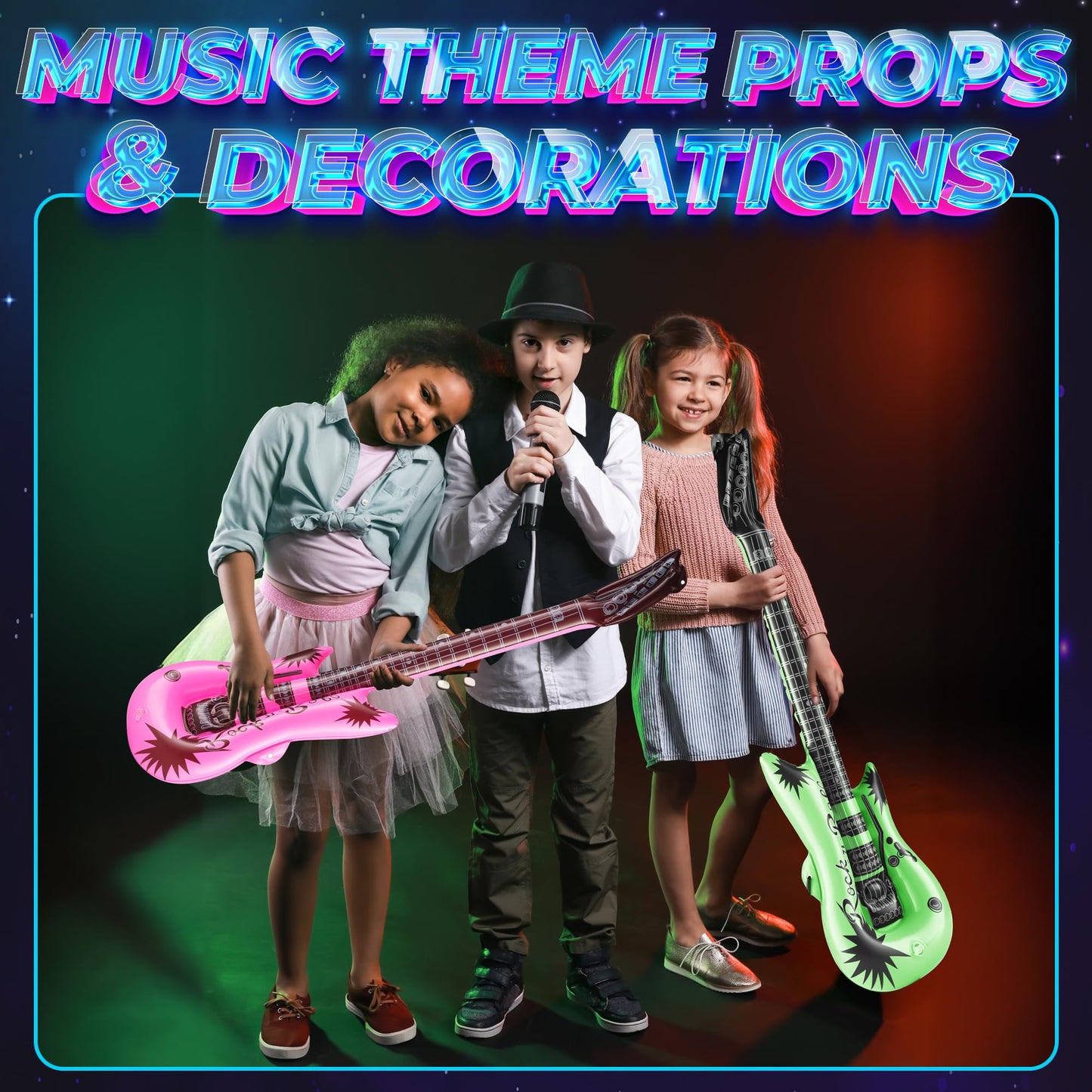 Bedwina Inflatable Guitars for Kids - (Pack of 48) 36-inch Neon Blow Up Guitar Instruments, Party Favors, Giveaways, DJ-Props, Photo-Booth, Birthdays, Rock Star, Rock and Roll Party Decorations