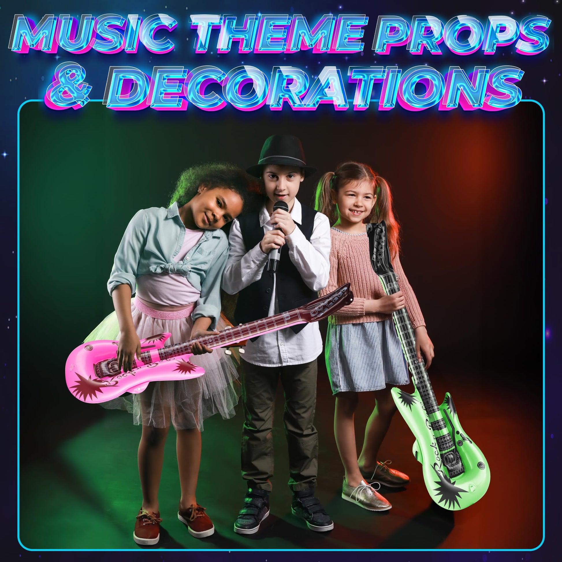 Bedwina Inflatable Guitars for Kids - (Pack of 48) 36-inch Neon Blow Up Guitar Instruments, Party Favors, Giveaways, DJ-Props, Photo-Booth, Birthdays, Rock Star, Rock and Roll Party Decorations