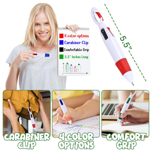 Retractable Shuttle Pens with Carabiner Clip - Pack of 576 Bulk Mini 4-in-1 Multi-Colored Ink Ballpoint Pens with Keychain for Adults, Kids, Nurses, School, Stocking Stuffer Gifts, Party Favors