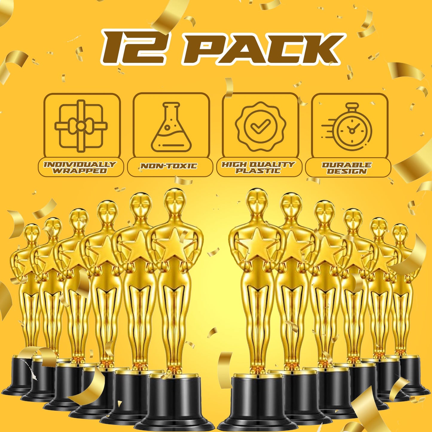 Bedwina Gold Trophy Award Mini Trophies Bulk - (Pack of 12) 6 Inch Tall Plastic Golden Statue Award, Party Themed Decorations, Winners or Appreciation Gifts Game Prizes for Adults & Kids
